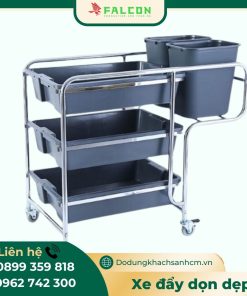 Xe đẩy dọn dẹp thùng nhựa cán inox